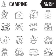 Camping Adventures and Outdoor Recreation Line Icons Perfect for Web Design and Mobile App Development Projects