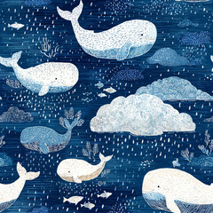 Playful whales and fish create joyful, seamless pattern on blue backdrop