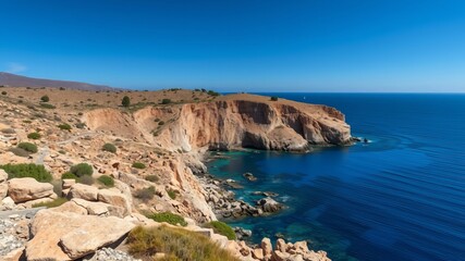 A stunning panoramic view of a dramatic rocky coastline meeting a vibrant blue sea under a clear sunny sky.
