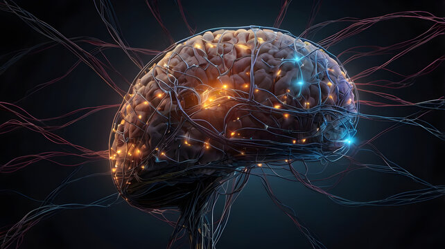 Illuminated human brain, neural pathways, glowing synapses, complex network, cognitive processes. - Powered by Adobe