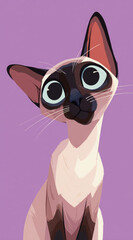 Cute Siamese cat looks amused and inquisitive in this flat illustration