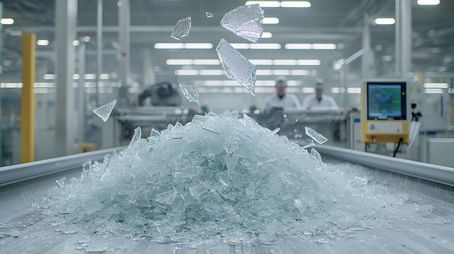 Glass fragments on conveyor belt in industrial facility. Transparent shards scatter in air, workers in background. Modern manufacturing process.