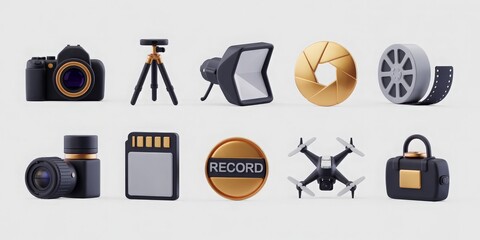 Set of 10 3D photography and videography icons on a white background, ideal for camera store websites, video editing software, and photography blogs