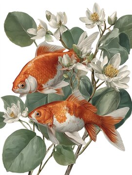 Illustrazione di pesci rossi e fiori acquatici