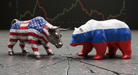 US-Russia Stock Market Clash with Bull and Bear Symbols