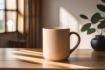 Ceramic mug mockup on wooden table with soft shadows
