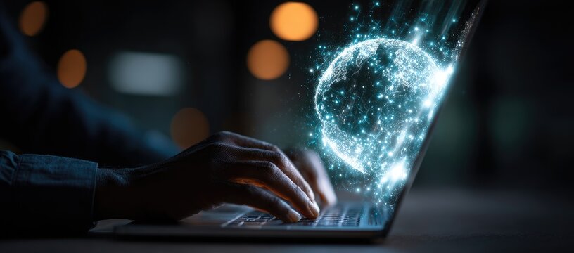 Hands typing on laptop, digital earth graphic - Powered by Adobe