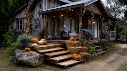Farmhouse with pumpkins on porch