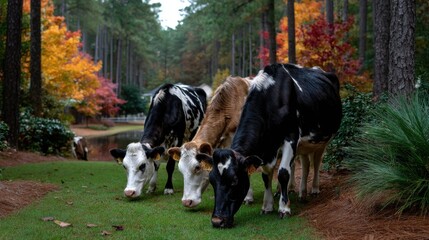 Cows grazing on autumn pasture