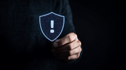 Fototapeta premium Shielded Alert: A hand holds a glowing shield emblem with an exclamation mark, symbolizing security, protection, and vigilance against threats.
