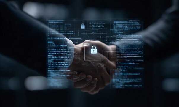 Stringa di mani digitale, sicurezza informatica, accordo aziendale