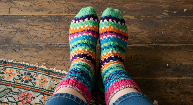 A cozy pair of colorful striped wool socks on a wooden floor with a patterned rug, perfect for keeping feet warm and comfortable during the cold winter season