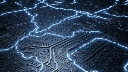 Dynamic circuit board animation with glowing light trails, perfect for tech innovation and future technology concepts, showing complex electronics in motion - Powered by Adobe