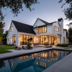 Modern white farmhouse with pool at dusk