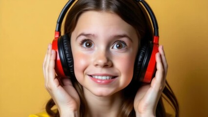 Young girl wearing headphones, mouth open, enjoying music