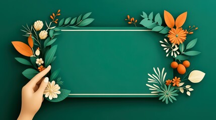 A hand gently touches a decorative floral frame against a rich green background, ideal for invitations, greeting cards, or social media graphics, It evokes warmth and creativity,