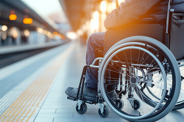 Wheelchair user on a train platform, waiting for transport. Accessibility is important for independent travel and inclusive infrastructure.