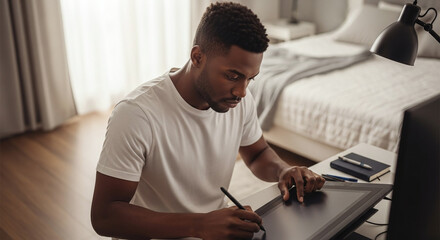 A focused african american man working on a digital tablet in a bright bedroom setting at his desk