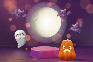 A glowing Halloween moon scene with cute purple bats, a smiling ghost, and a grumpy pumpkin. Perfect for festive banners, party invitations, or spooky season greetings.