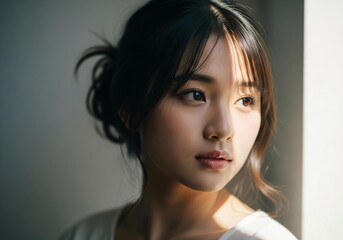 Fototapeta premium Asian woman portrait looking out bright window light