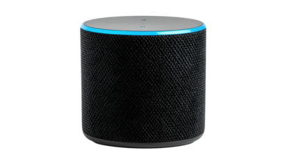 Smart speaker with glowing blue light, voice assistant device for home automation and digital lifestyle, modern technology for communication and entertainment on transparent background