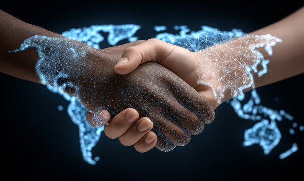 Stretta di mano multiculturale con mappa del mondo stilizzata
