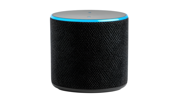 Smart speaker with glowing blue light, voice assistant device for home automation and digital lifestyle, modern technology for communication and entertainment on transparent background