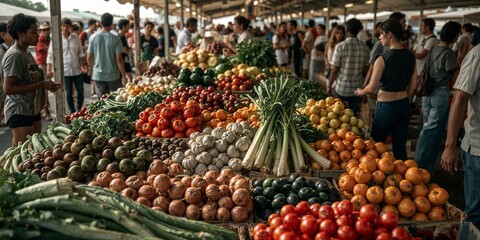 A vibrant display of fresh produce at a bustling outdoor farmers market with many people around it