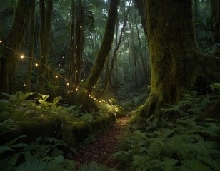Fototapeta premium Enchanted Forest Stream with Glowing Lights and Mossy Rocks