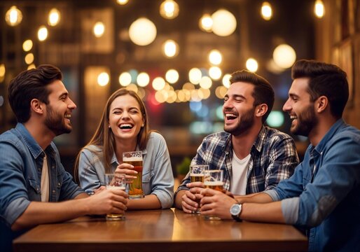 Friends laughing together enjoying beers at bar