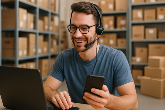 Customer Service Representative at Work: A focused and helpful service representative manages calls while surrounded by the hustle of the modern warehouse and the promise of digital commerce. 
