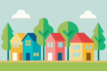Fototapeta premium Colorful flat design houses in a row with trees and clouds