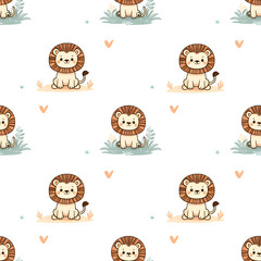 Cute lion cubs playfully posed in a charming woodland setting for a delightful pattern design. Seamless paper