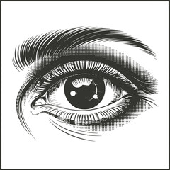 Obraz premium Detailed black and white illustration of a human eye in an engraving and halftone style. Hand-drawn vintage sketch of an eye with eyelashes and eyebrow.