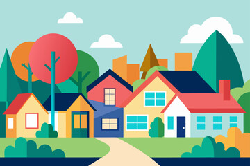 Naklejka premium Colorful flat design illustration of a suburban neighborhood with houses and trees