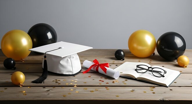 Graduation cap and diploma on wooden table with gold and black balloons creates festive mood. - Powered by Adobe