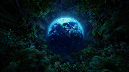 Earth globe floating amidst lush greenery in cosmic space, symbolizing environmental harmony and beauty.