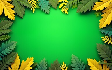 Independence Day of Brazil celebration. Horizontal banner. Happy National Day of Brazil. Frame in colors of flag of Brazil. Green and yellow leaves on a green background. Free space for text,