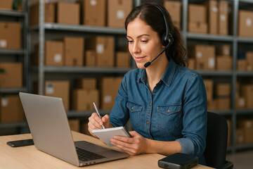 Efficient Warehouse Operations: A focused logistician utilizes a headset, laptop, and notepad, expertly managing warehouse inventory and streamlining logistical processes.