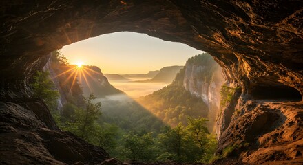 Golden Morning Sky View from Mountain Cave with Scenic World Landscape