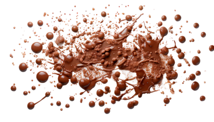 Chocolate splatter with droplets on white background culinary visuals and design