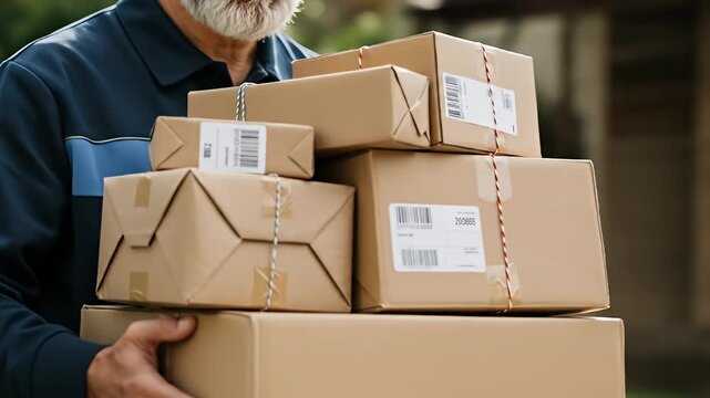 Man in blue uniform holds stack of tan, wrapped parcels with labels and string ties