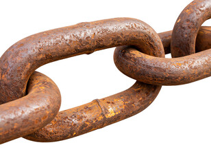 Close up of a heavy rusty chain with texture and detail on a black background