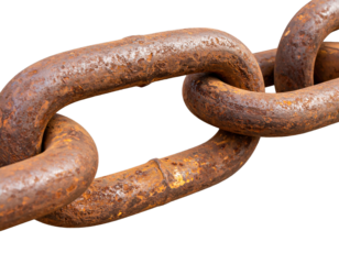 Close up of a heavy rusty chain with texture and detail on a black background