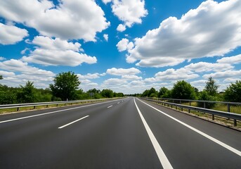 Fototapeta premium Asphalt highway vanishing point, summer day, bright blue sky, fluffy white clouds, green roadside vegetation.