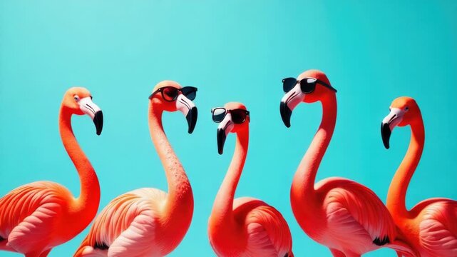 A group of flamingos standing in a row, their distinctive feathers and postures on display