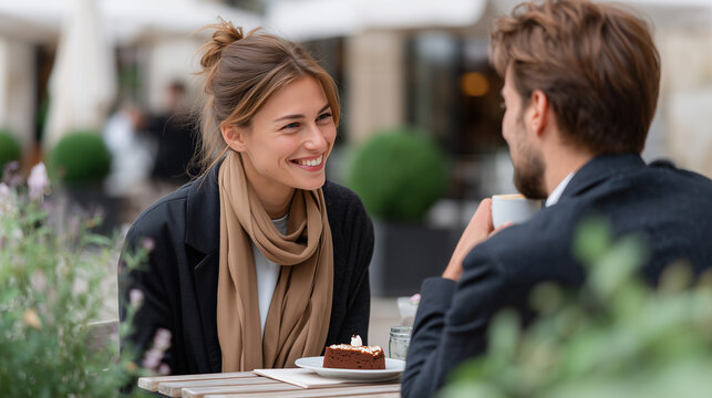 Business couple enjoying coffee break meeting at outdoor cafe terrace. Professional woman smiling during lunch date with colleague, cake and coffee on table. - Powered by Adobe