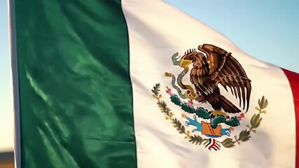 A waving flag split green, white, and red, featuring an eagle and snake emblem centered - Powered by Adobe