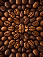 Fototapeta premium Macro close up of roasted coffee beans arranged in a circular pattern.