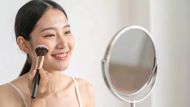 女性が鏡を見ながらメイク中:メイクブラシでメイクを施す滑らかな肌：化粧
